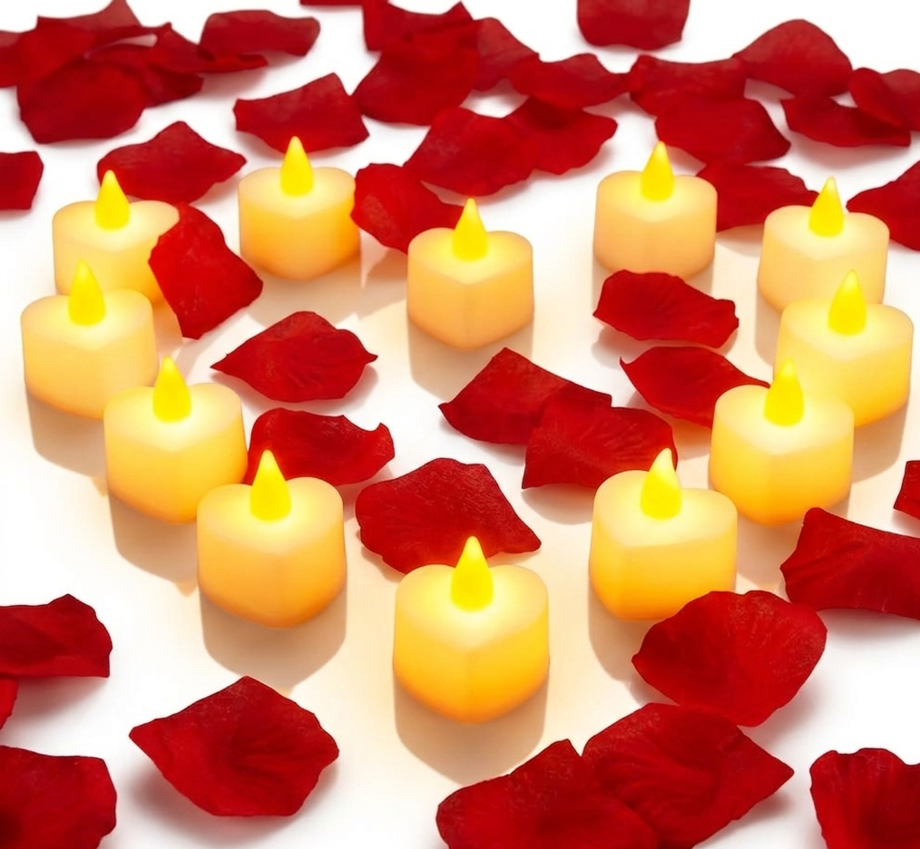 set lumanari led cu petale de trandafir pentru decor romantic aniversare sau cerere in casatorie