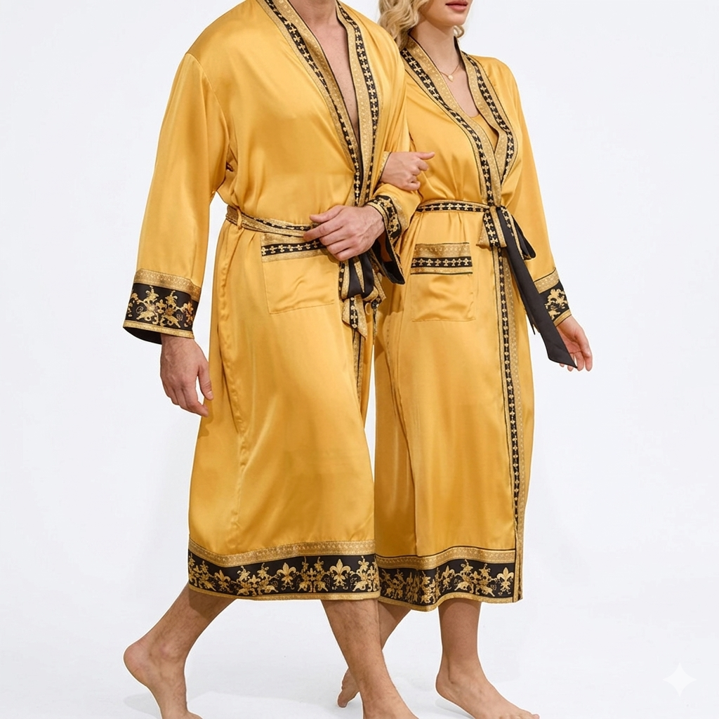 halat barbati satin tip kimono cu imprimeu baroc elegant pentru relaxare acasa