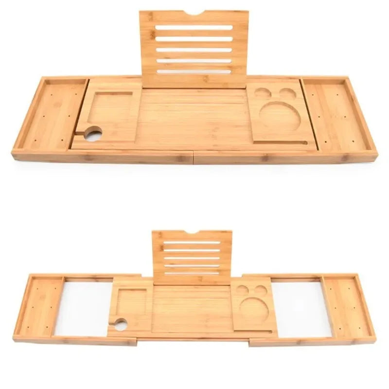 tava baie din bambus extensibila suport cada reglabil pentru accesorii si relaxare in baie