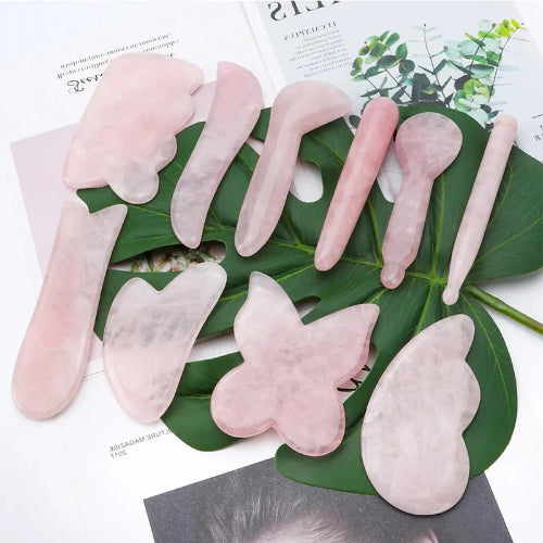 Placa Gua Sha cuart roz ingrijire ten – masaj facial corporal anti-rid, lifting natural