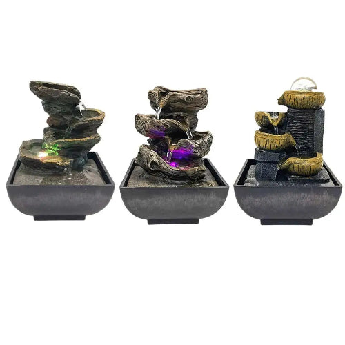 fantana decorativa de masa cu 3 niveluri si iluminare led pentru relaxare si decor interior zen