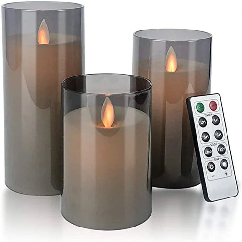 Set 3 lumanari LED sticla cu telecomanda si timer – decor elegant lumina calda