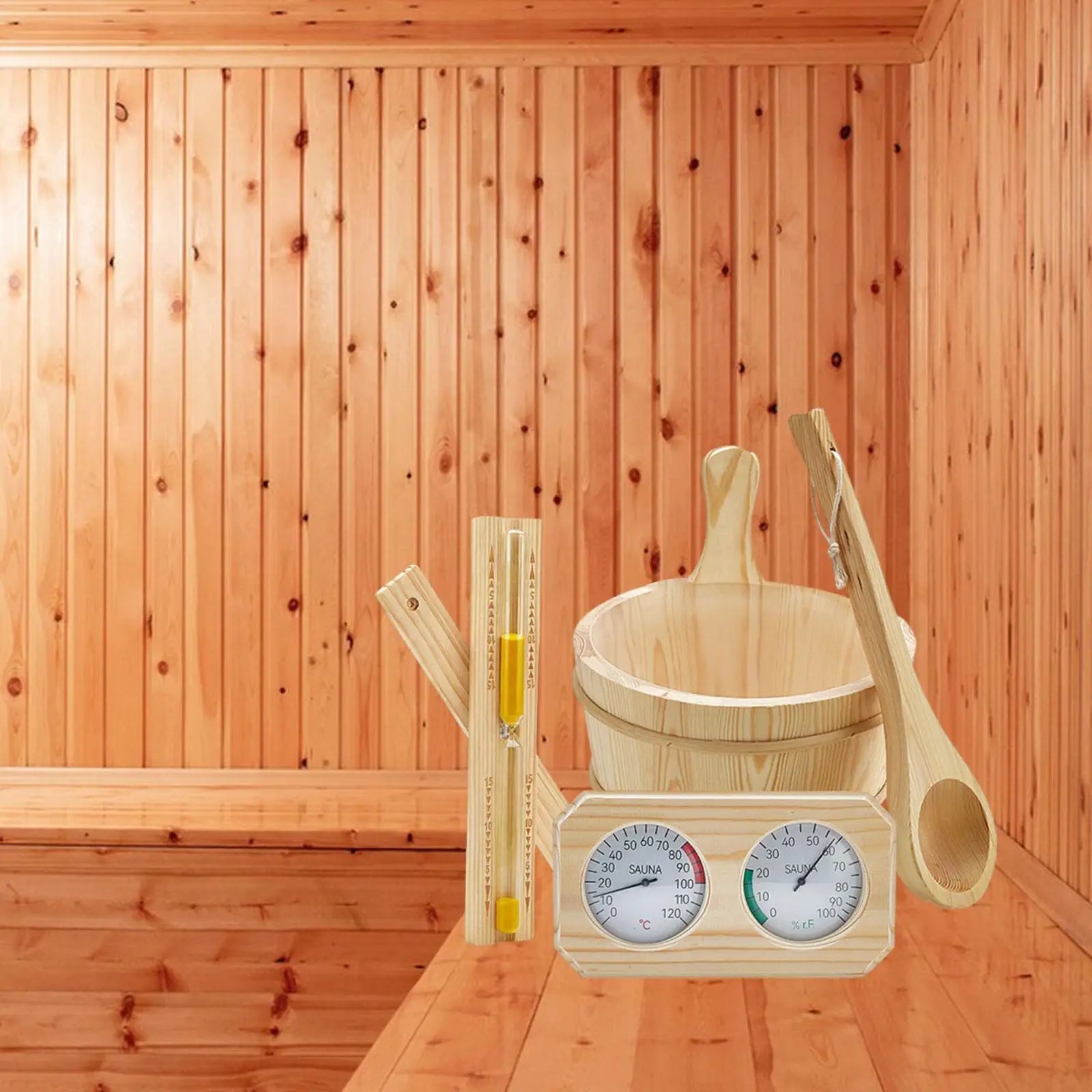 set accesorii sauna din lemn 4l cu galeata polonic si clepsidra pentru spa si relaxare
