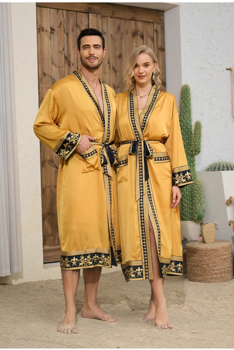 Halat barbati satin kimono – elegant cu imprimeu baroc pentru casa si relaxare