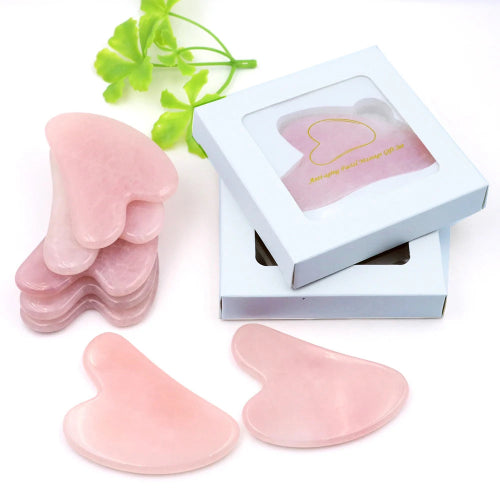 placa gua sha din cuart roz naturala pentru masaj facial si drenaj limfatic