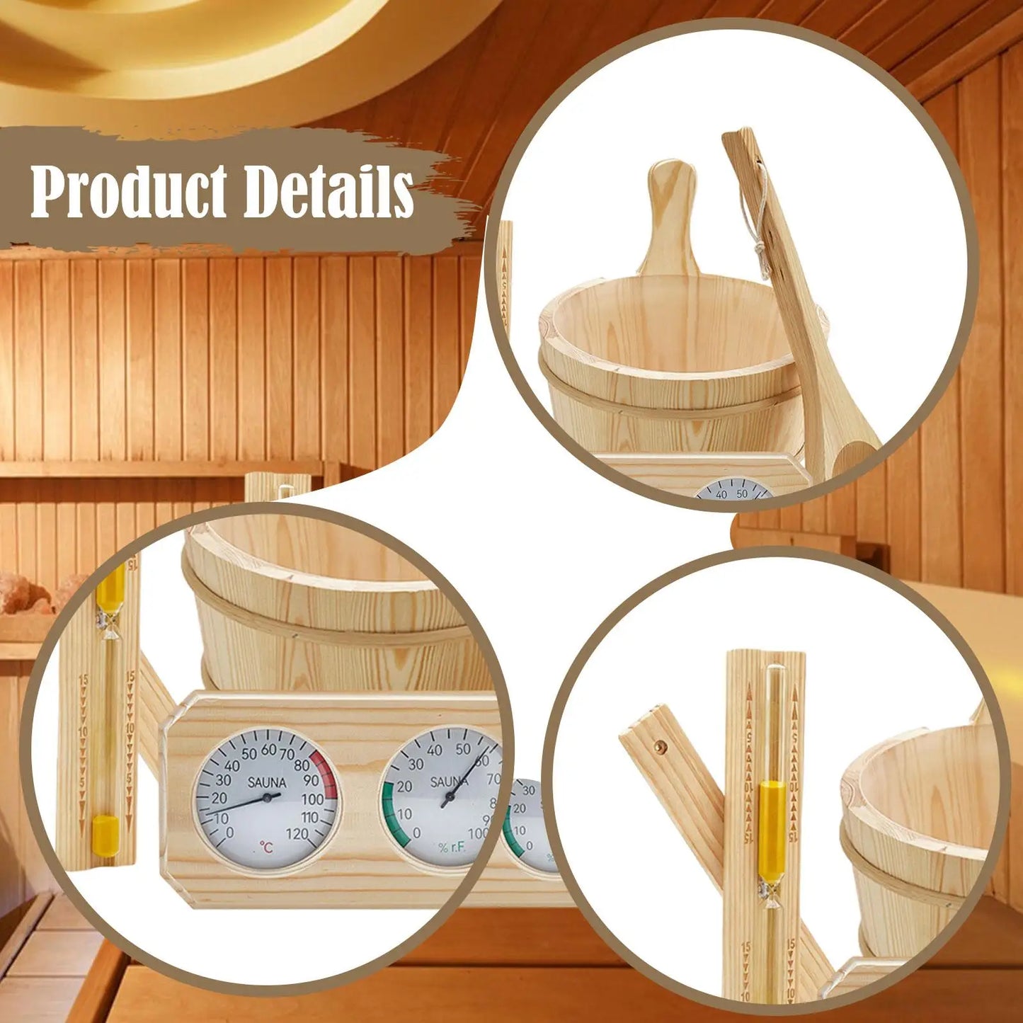 Set accesorii sauna din lemn 4L – galeata, polonic si clepsidra pentru SPA si relaxare
