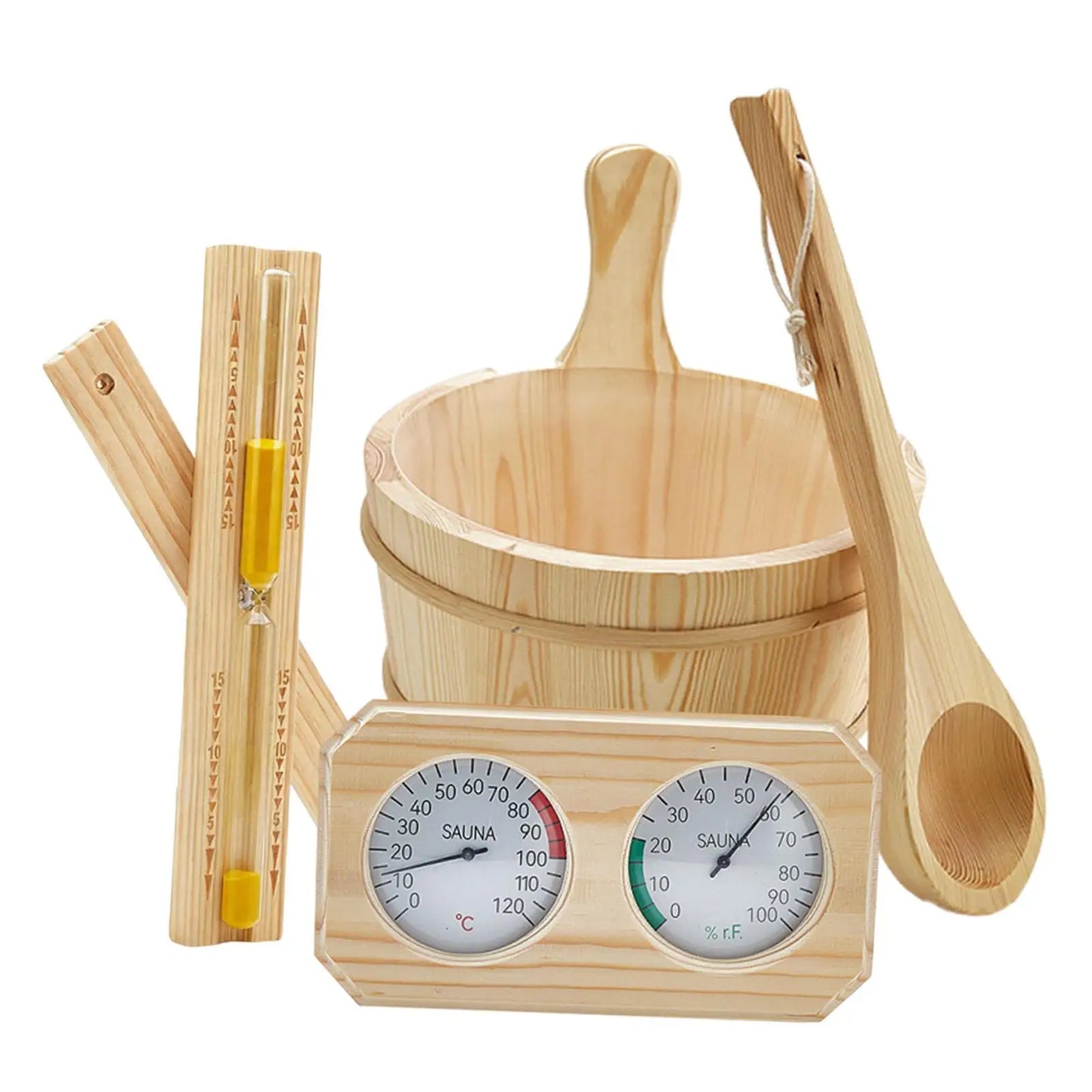 set accesorii sauna din lemn 4l cu galeata polonic si clepsidra pentru spa si relaxare