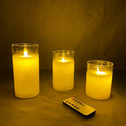 Set 3 lumanari LED sticla cu telecomanda si timer – decor elegant lumina calda