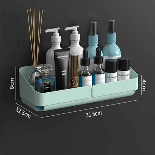 Raft organizator baie bucatarie fara gaurire – suport perete cosmetice si condimente, inox