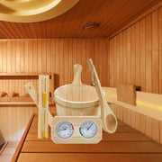 Set accesorii sauna din lemn 4L – galeata, polonic si clepsidra pentru SPA si relaxare