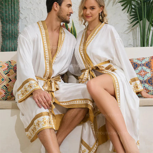 Halat barbati satin kimono – elegant cu imprimeu baroc pentru casa si relaxare
