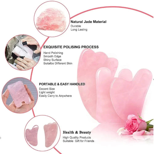 Placa Gua Sha cuart roz ingrijire ten – masaj facial corporal anti-rid, lifting natural