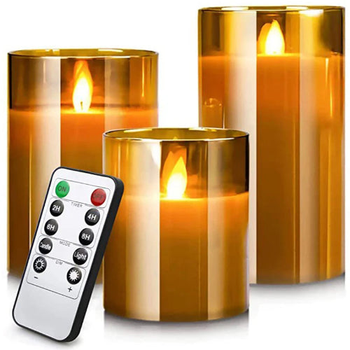 Set 3 lumanari LED sticla cu telecomanda si timer – decor elegant lumina calda