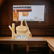 Set accesorii sauna din lemn 4L – galeata, polonic si clepsidra pentru SPA si relaxare