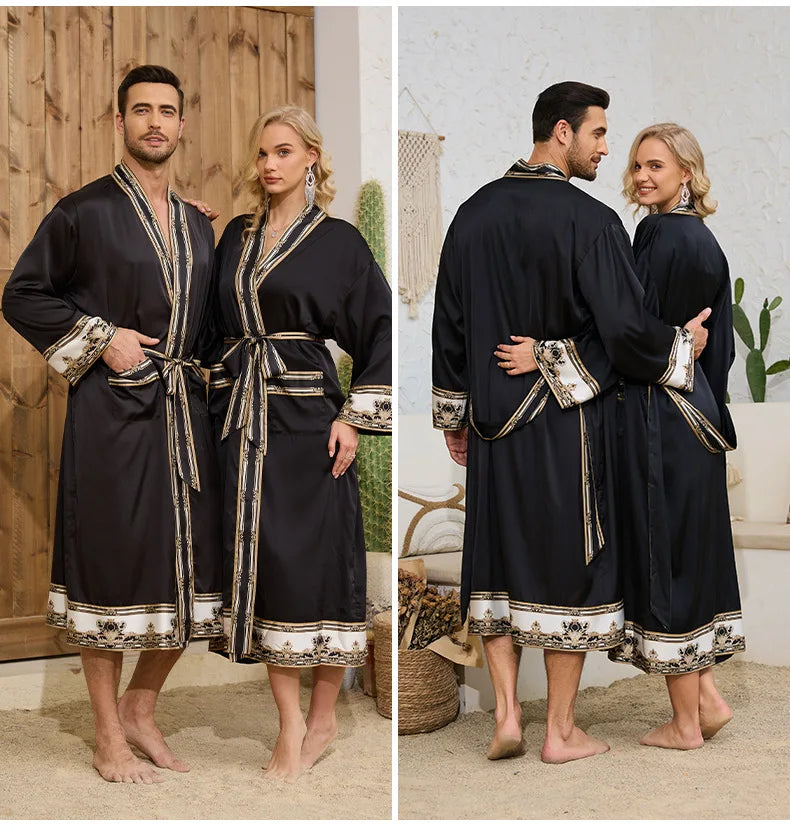 Halat barbati satin kimono – elegant cu imprimeu baroc pentru casa si relaxare