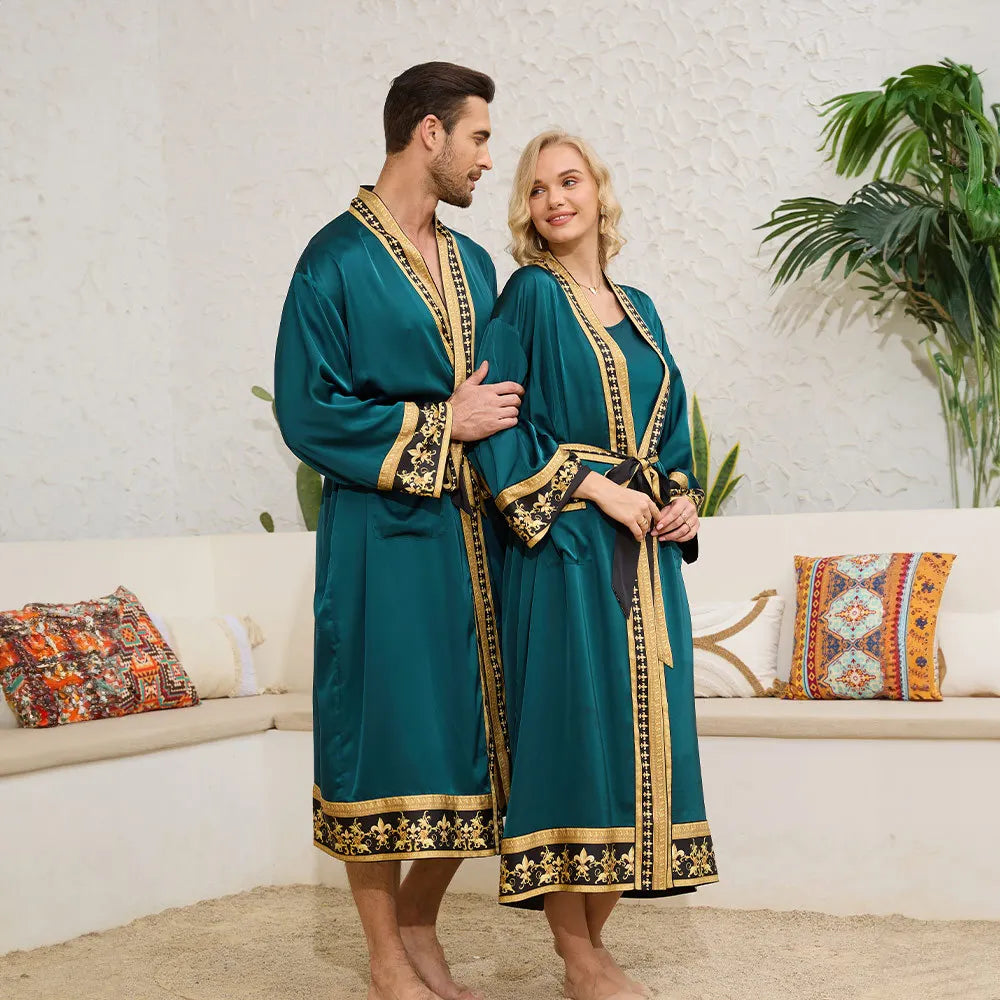 Halat barbati satin kimono – elegant cu imprimeu baroc pentru casa si relaxare