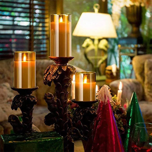 Set 3 lumanari LED sticla cu telecomanda si timer – decor elegant lumina calda
