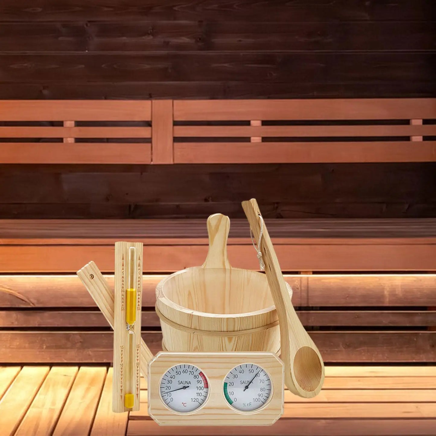 Set accesorii sauna din lemn 4L – galeata, polonic si clepsidra pentru SPA si relaxare