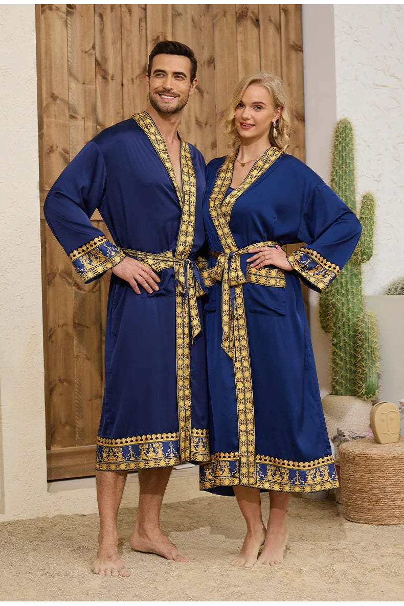 Halat barbati satin kimono – elegant cu imprimeu baroc pentru casa si relaxare