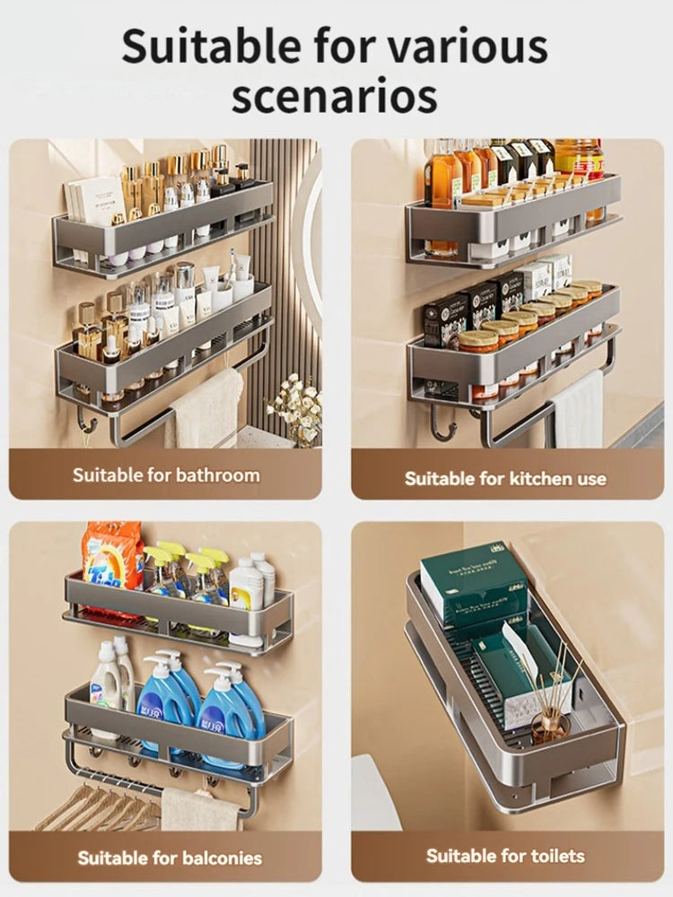 Raft baie aluminiu perete fara gaurire – suport sampon accesorii dus, rezistent apa, modern