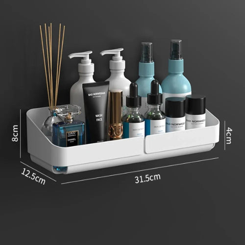 Raft organizator baie bucatarie fara gaurire – suport perete cosmetice si condimente, inox