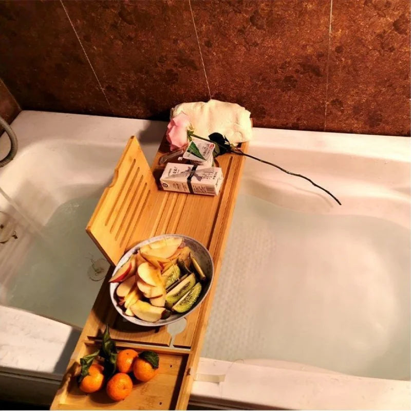 Tava baie extensibila bambus – suport cada reglabil pentru accesorii si relaxare