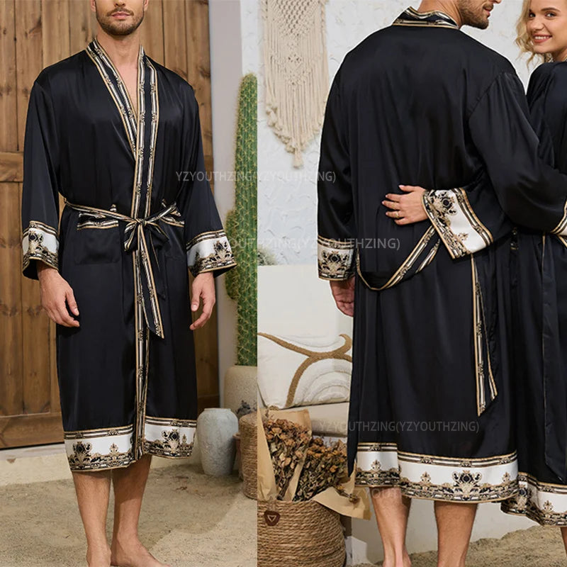 Halat barbati satin kimono – elegant cu imprimeu baroc pentru casa si relaxare
