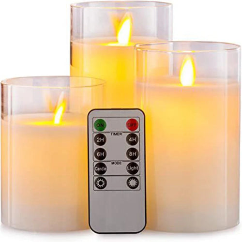 Set 3 lumanari LED sticla cu telecomanda si timer – decor elegant lumina calda