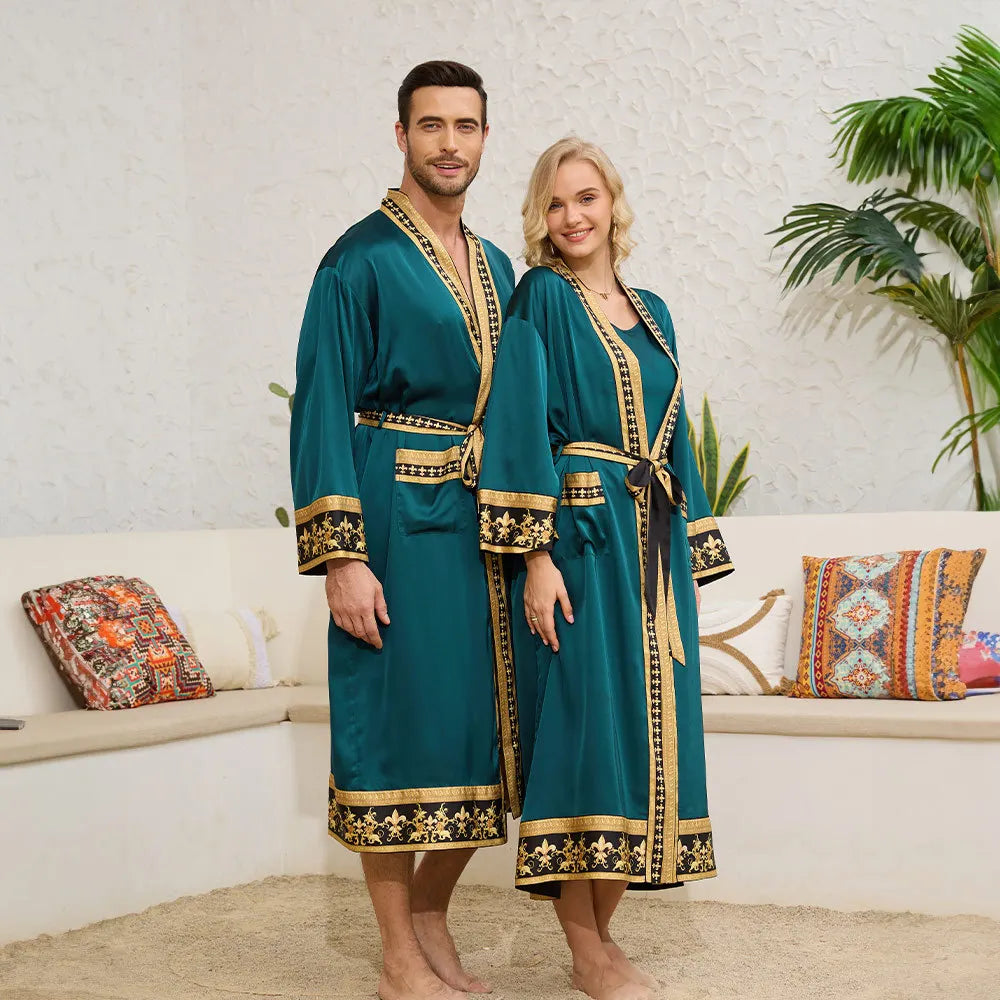 Halat barbati satin kimono – elegant cu imprimeu baroc pentru casa si relaxare