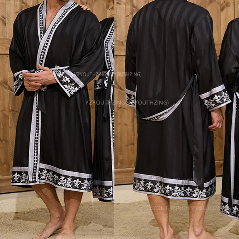 Halat barbati satin kimono – elegant cu imprimeu baroc pentru casa si relaxare