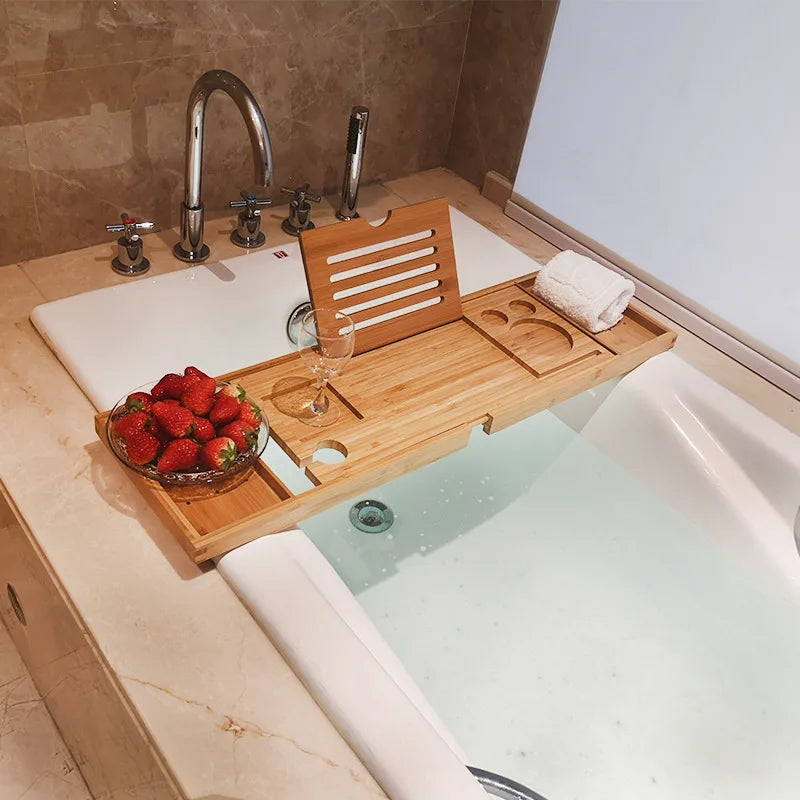 tava baie din bambus extensibila suport cada reglabil pentru accesorii si relaxare in baie
