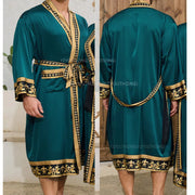 Halat barbati satin kimono – elegant cu imprimeu baroc pentru casa si relaxare