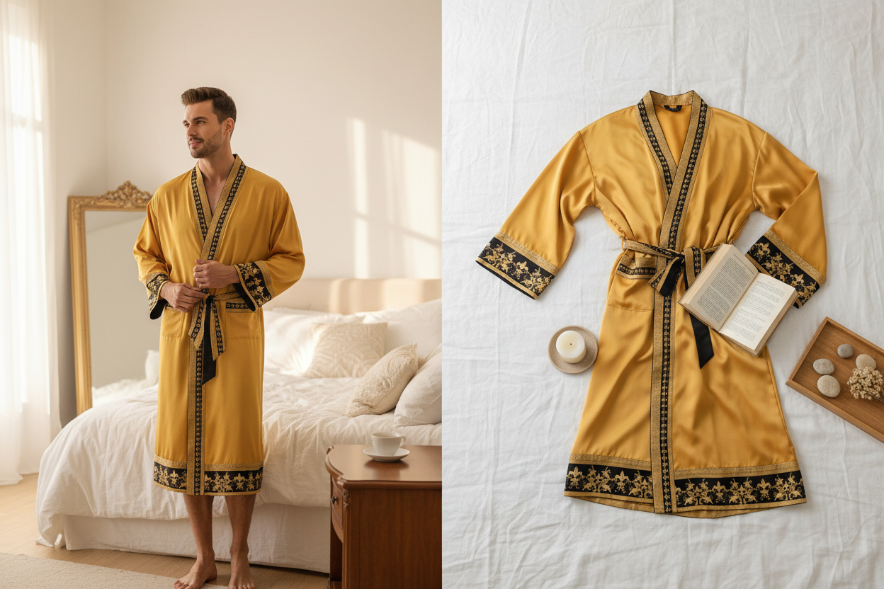 Halat barbati satin kimono – elegant cu imprimeu baroc pentru casa si relaxare