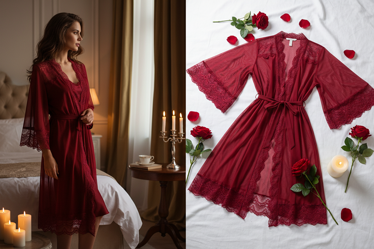 halat dama dantela rosie – lifestyle elegant dormitor romantic cu trandafiri si lumanari