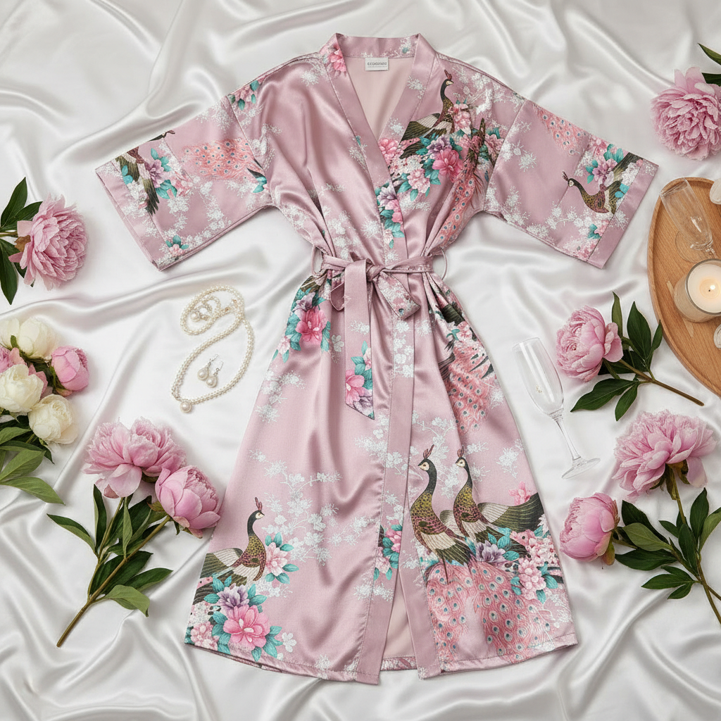halat dama satin kimono cu buzunare – flat lay GMC bujori si sampanie elegant
