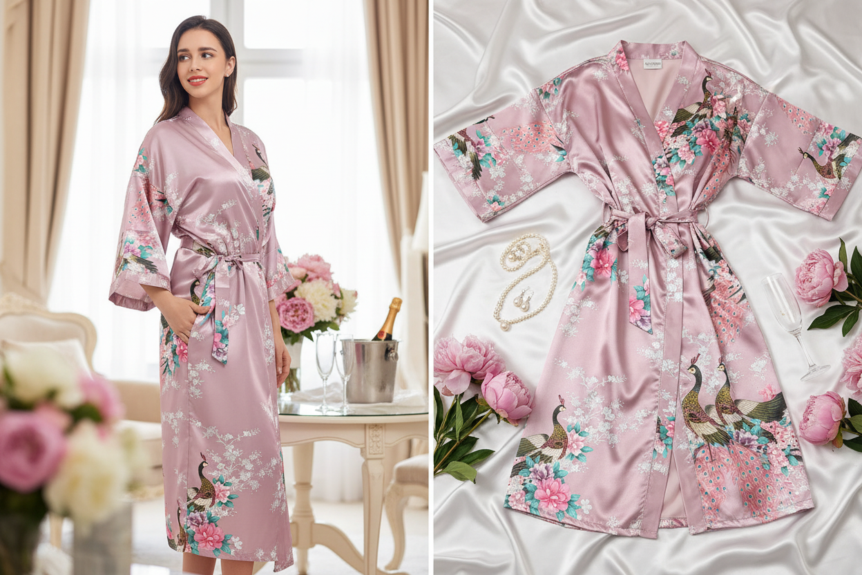 halat dama satin kimono cu buzunare – lifestyle bridal suite elegant cu flori si sampanie